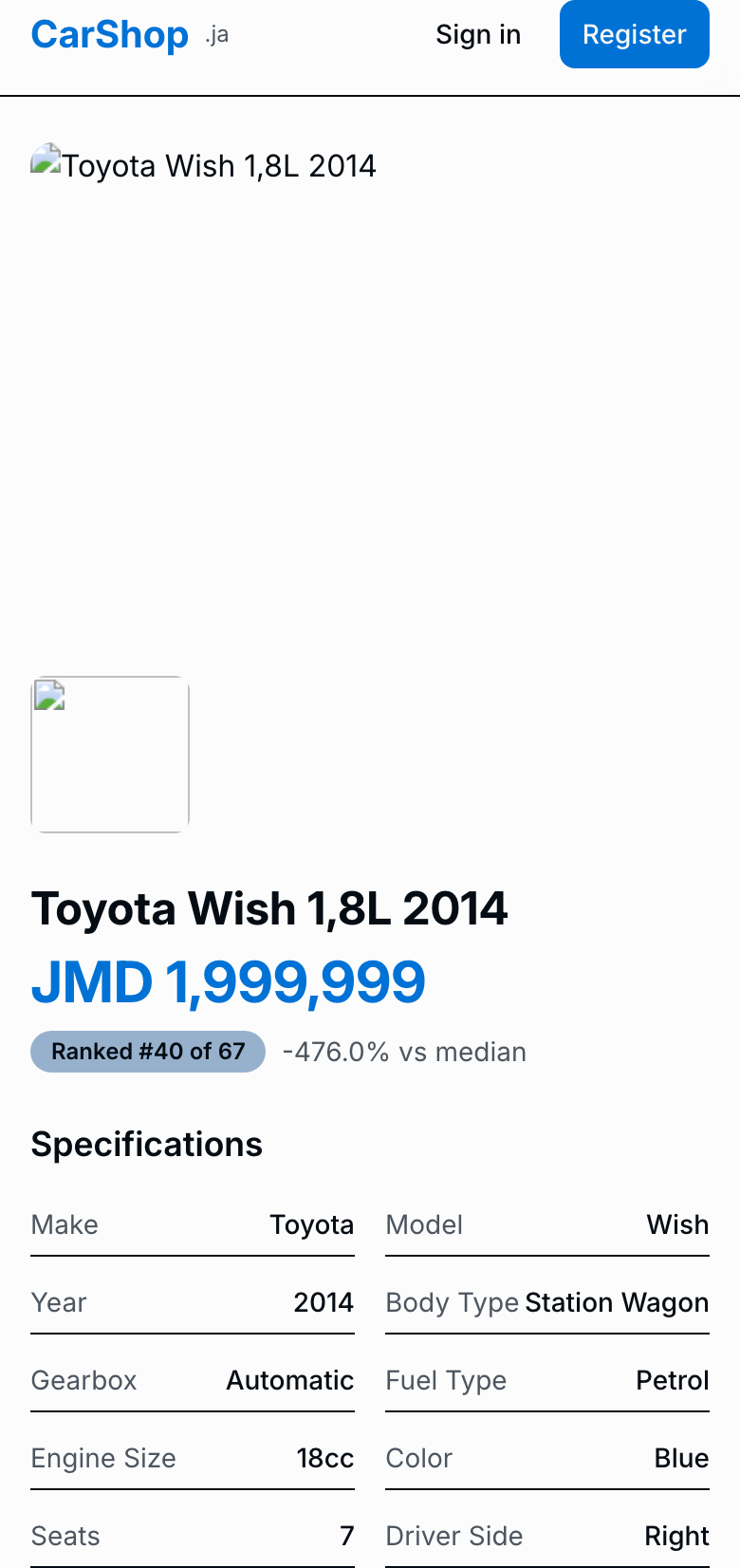 One car's full listing page, opened to see every detail