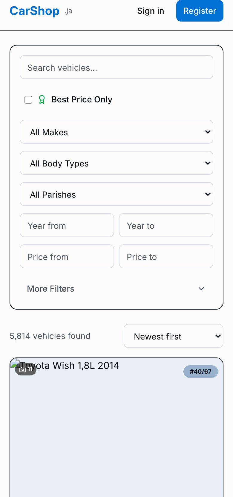 A car listing card — a 2019 Toyota Axio — with price and mileage