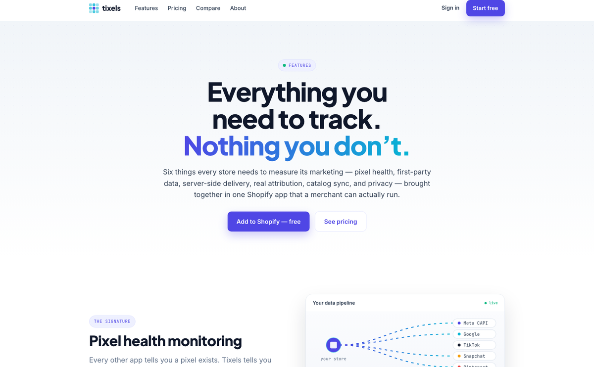 The features page, each capability laid out on its own line